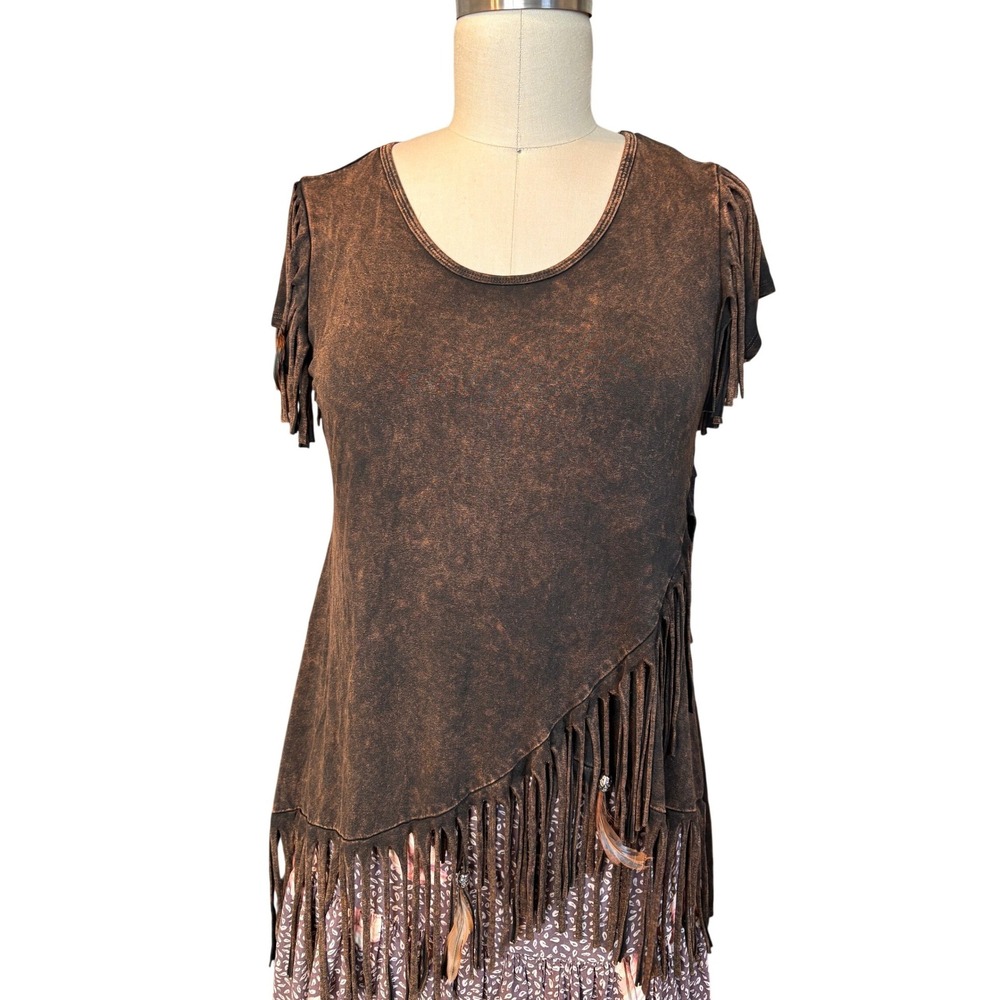 Fringe Acid Wash Western Pat Dahnke Asymmetrical Top M Brown